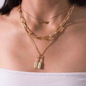 Gold Multi Layered Lock & Heart Chain Necklace